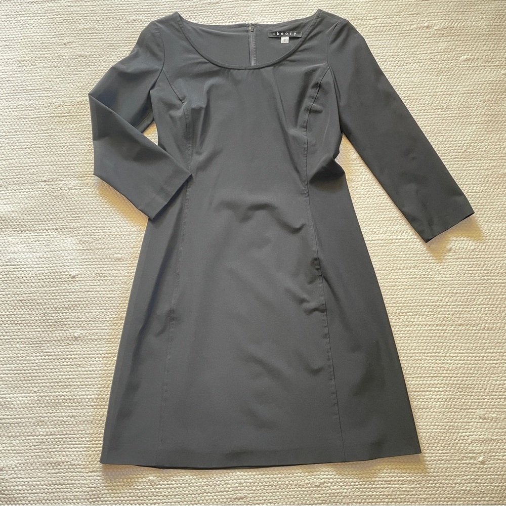 Theory Little Black Dress A-Line Stretch Crewneck 3/4 Sleeve Back Zip Size 2